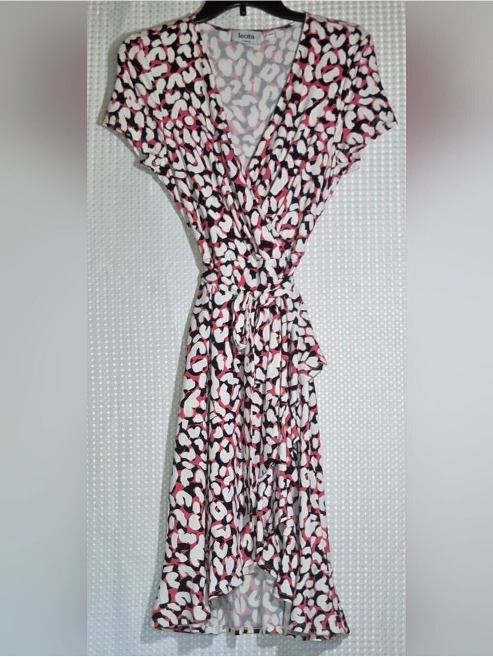 Leota Wrap Dress Pink Black White Abstract Print Hi Low Midi Dress XS - Picture 6 of 10